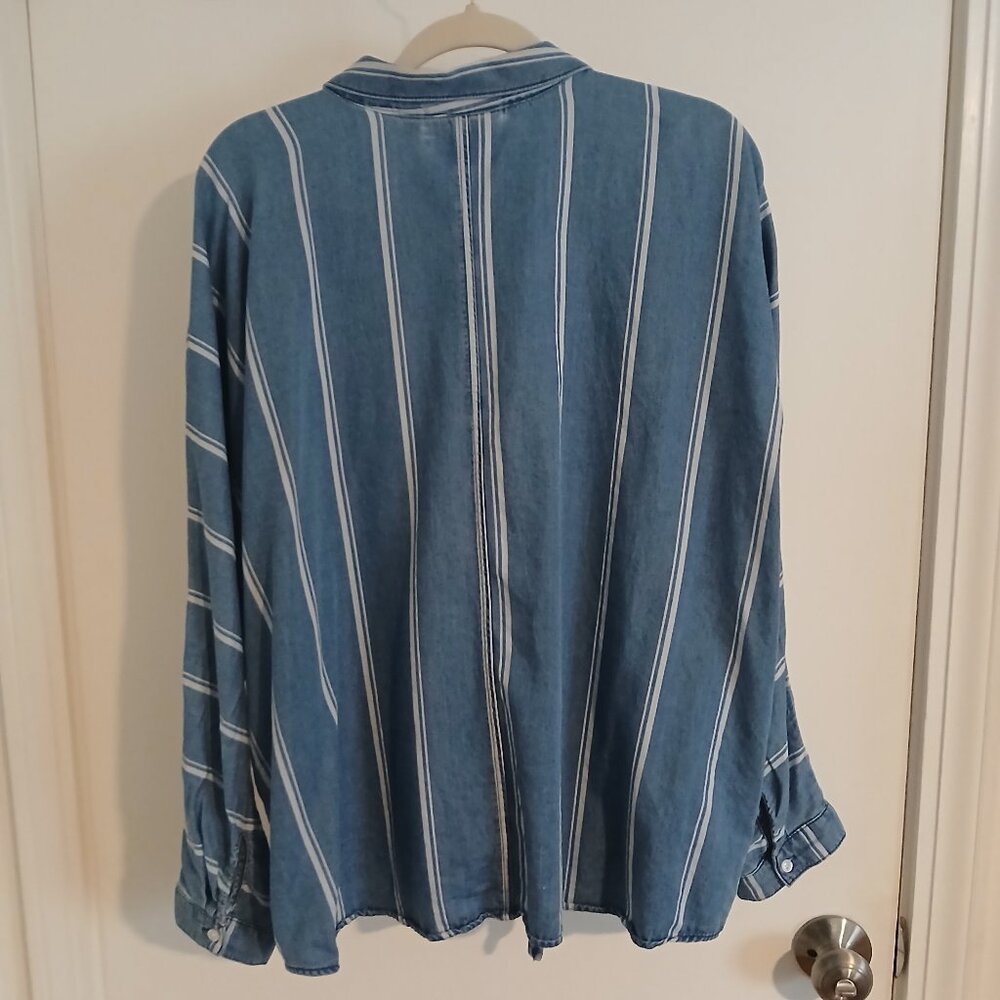 Jennifer Lopez Denim Striped Shirt XXL Chambray LS Buttons Top Tie Bottom - Picture 9 of 10